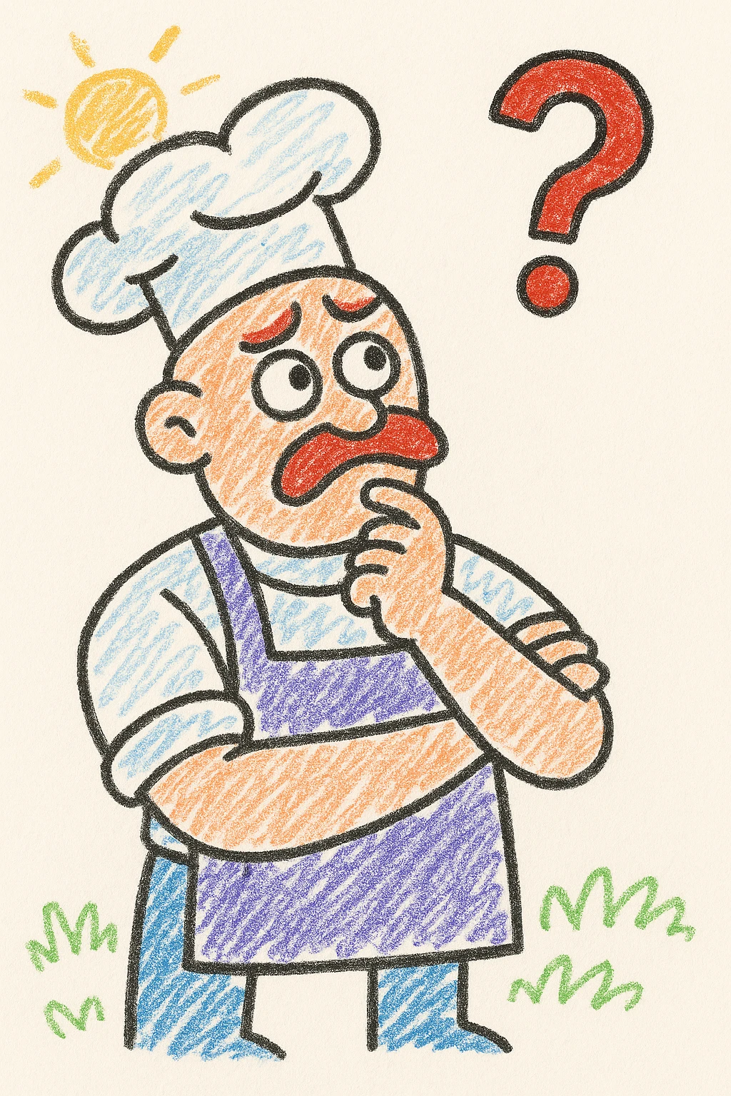 Convert to a children's doodle style emoji, thinking chef with a question mark above the head, cuter and simpler style. emoji