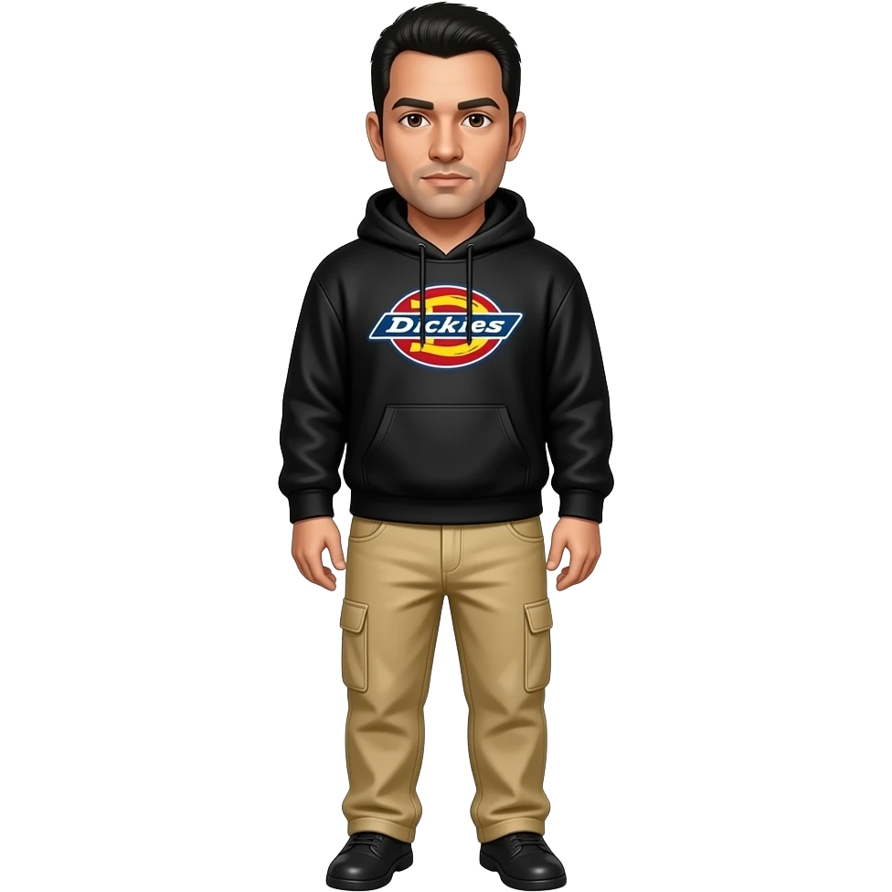 Chino Moreno with dark brown eyes, black hair, black metallic sweatshirt, beige metallic loose dickies pants emoji