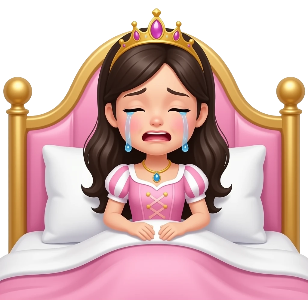 White girl dark hair crying in big princess bed emoji