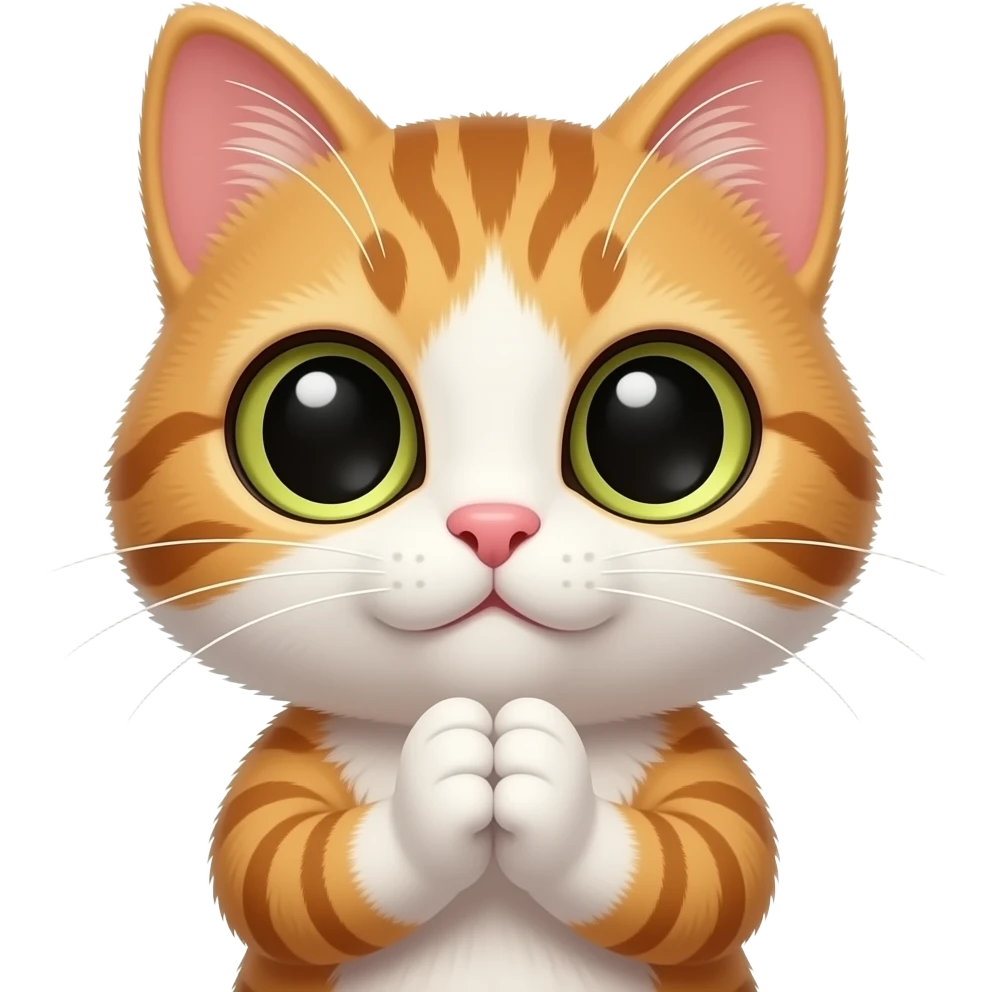 I want an emoji with the face of a cat, drawn in kawai manga-style with very large eyes. Its paws should be visible (not the legs/arms) and held together to form a thank you gesture. emoji