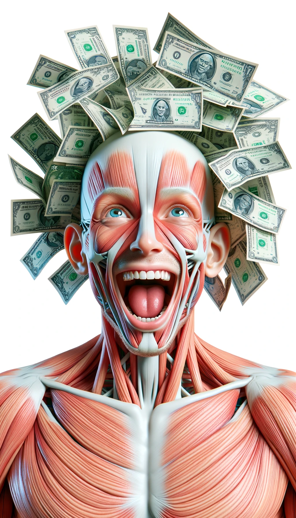 corpo umano anatomico sereno e felice con una montagna di banconote davanti al viso, espressione stupita, iperrealistica 4k, isolato su sfondo bianco emoji