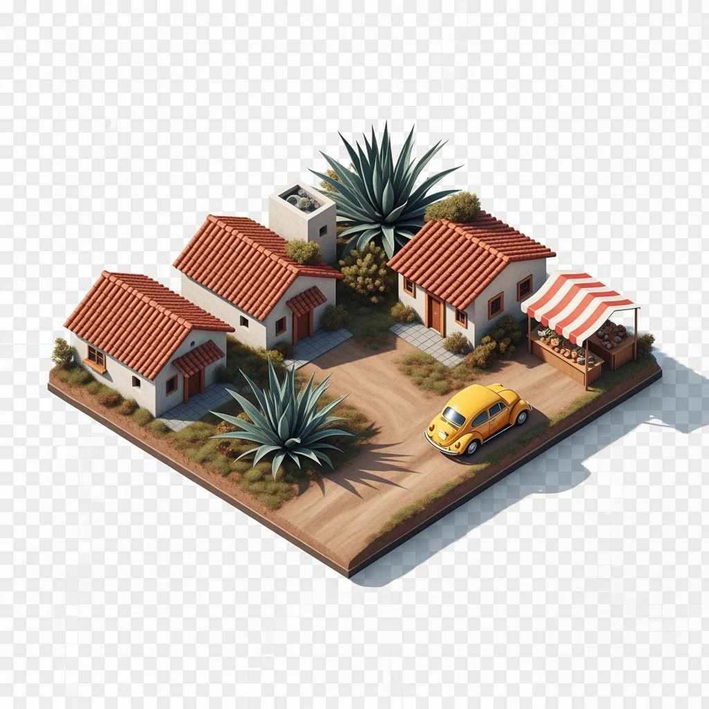 Isometric minimalistic illustration of mix Mexico subtle 3D miniature effect and Tilt Shift effect, no cartoonish look, transparent background. emoji