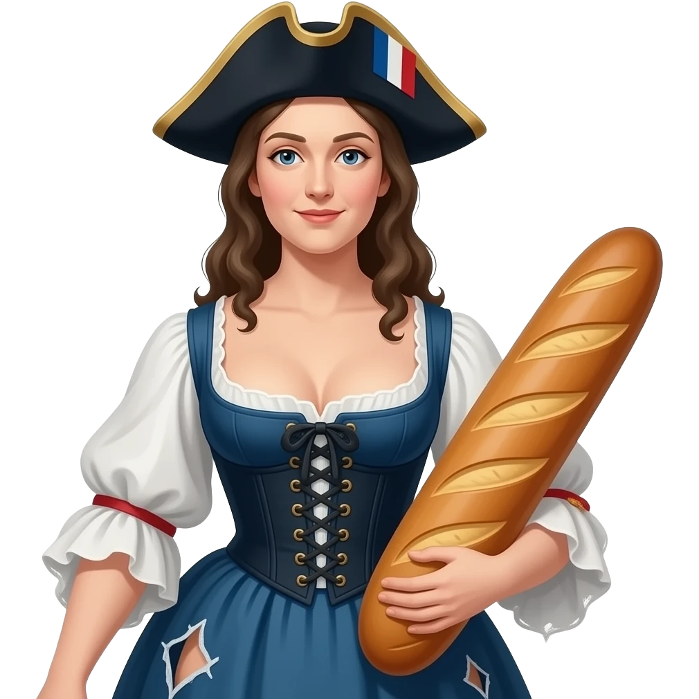 historical French Marianne in a tight corset with a large open neckline, torn dresses - with a rebel Jacobin cap and a large French loaf emoji