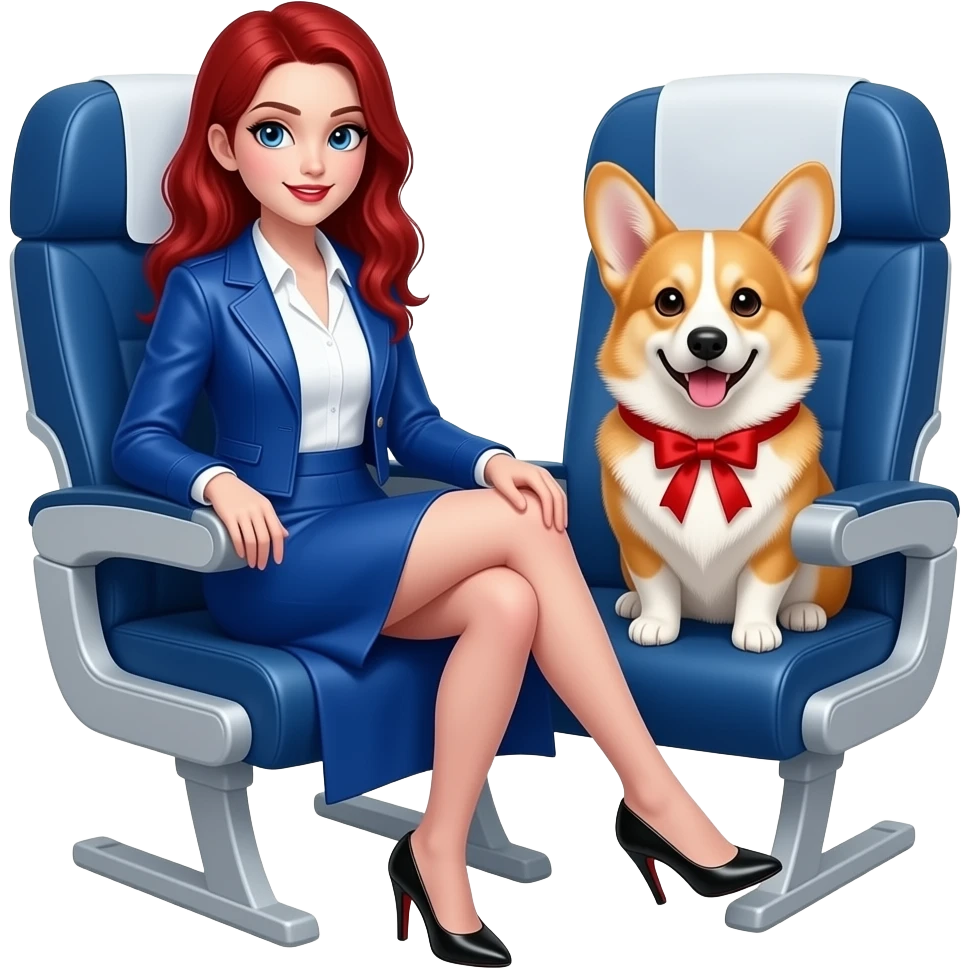 Vampiro femmina ADOLESCENTE con pelle bianca e capelli rossi indossa una gonna lunga fino alle ginocchia blu, una camicetta bianca, una giacchetta blu un fluourard rosso corto legato al collo e dei tacchi neri seduta su un sedile di un aereo insieme al suo Corgi emoji