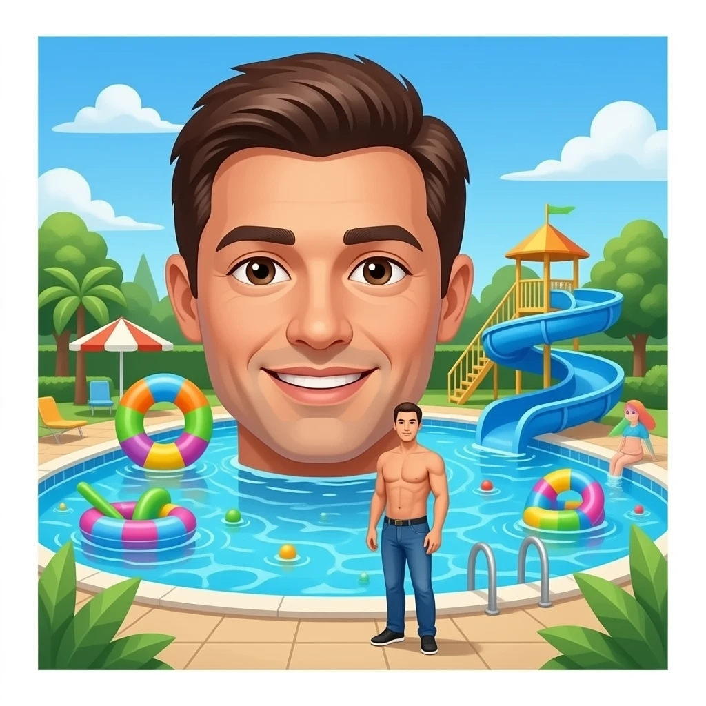 Massive water park pool with human emoji