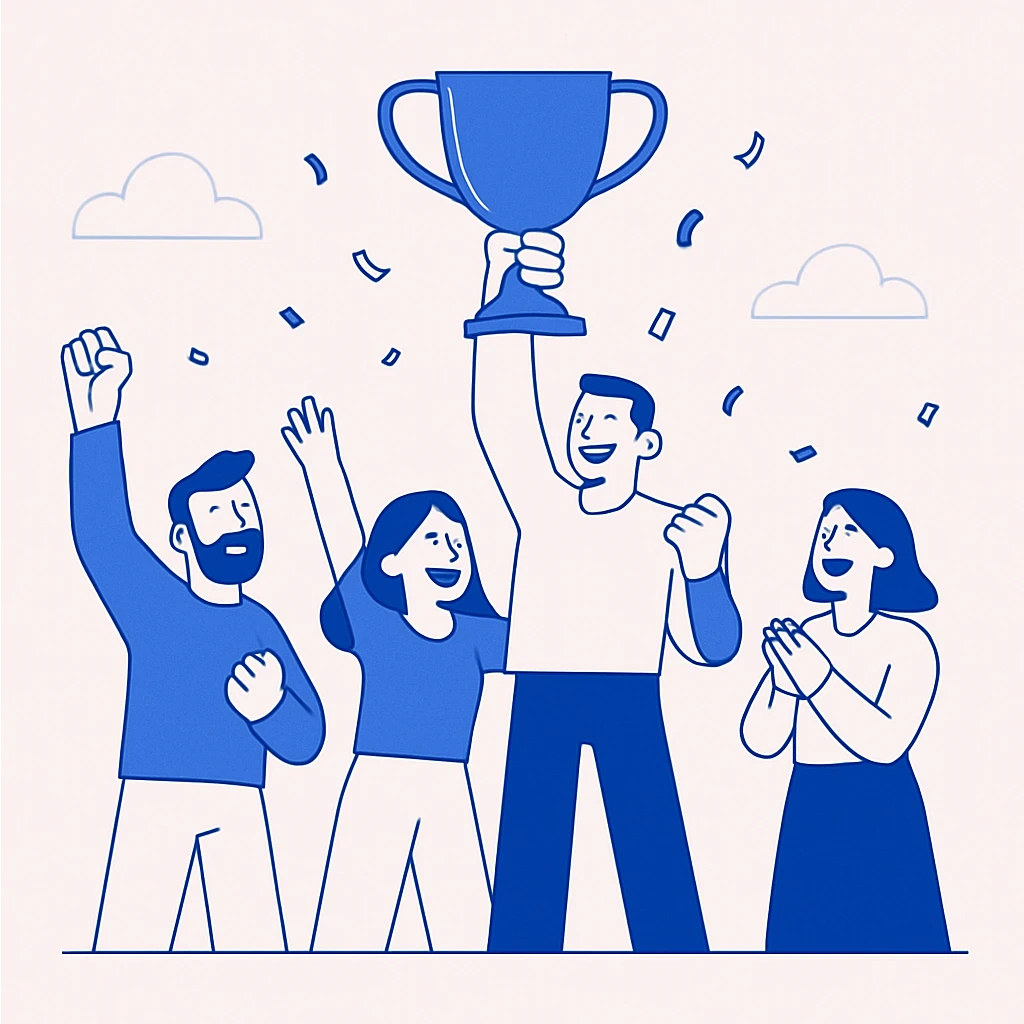 team celebrating with trophy, simple blue illustration, minimalist with bold flat blue colors and clean lines emoji