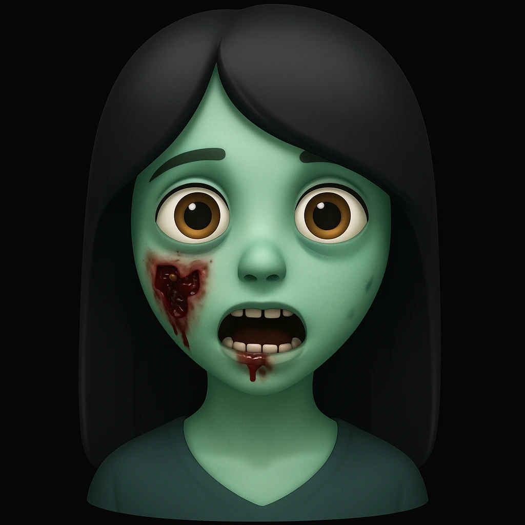 Create a girl zombie with black long hair, green skin, large brown eyes, open mouth, and a wound on the cheek, similar to the reference image. Render in 3D emoji style with a black background. emoji