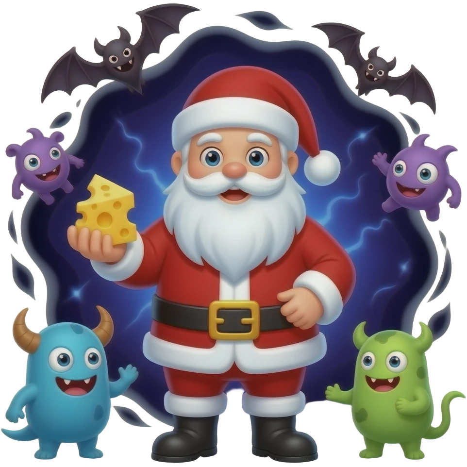 Make an emoji of a Santa Claus with dark energy around him and little things like bats and monsters following him and cheese emoji
