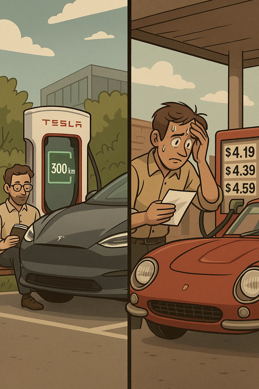 "Tesla Model S at charging station with owner reading book peacefully, battery indicator showing sufficient charge for 300km journey, versus vintage Italian sports car at gas station with owner anxiously calculating fuel costs, pump prices visible showing expensive gasoline, stress lines on traditional car owner's face, modern vs classic automotive philosophy clash" emoji