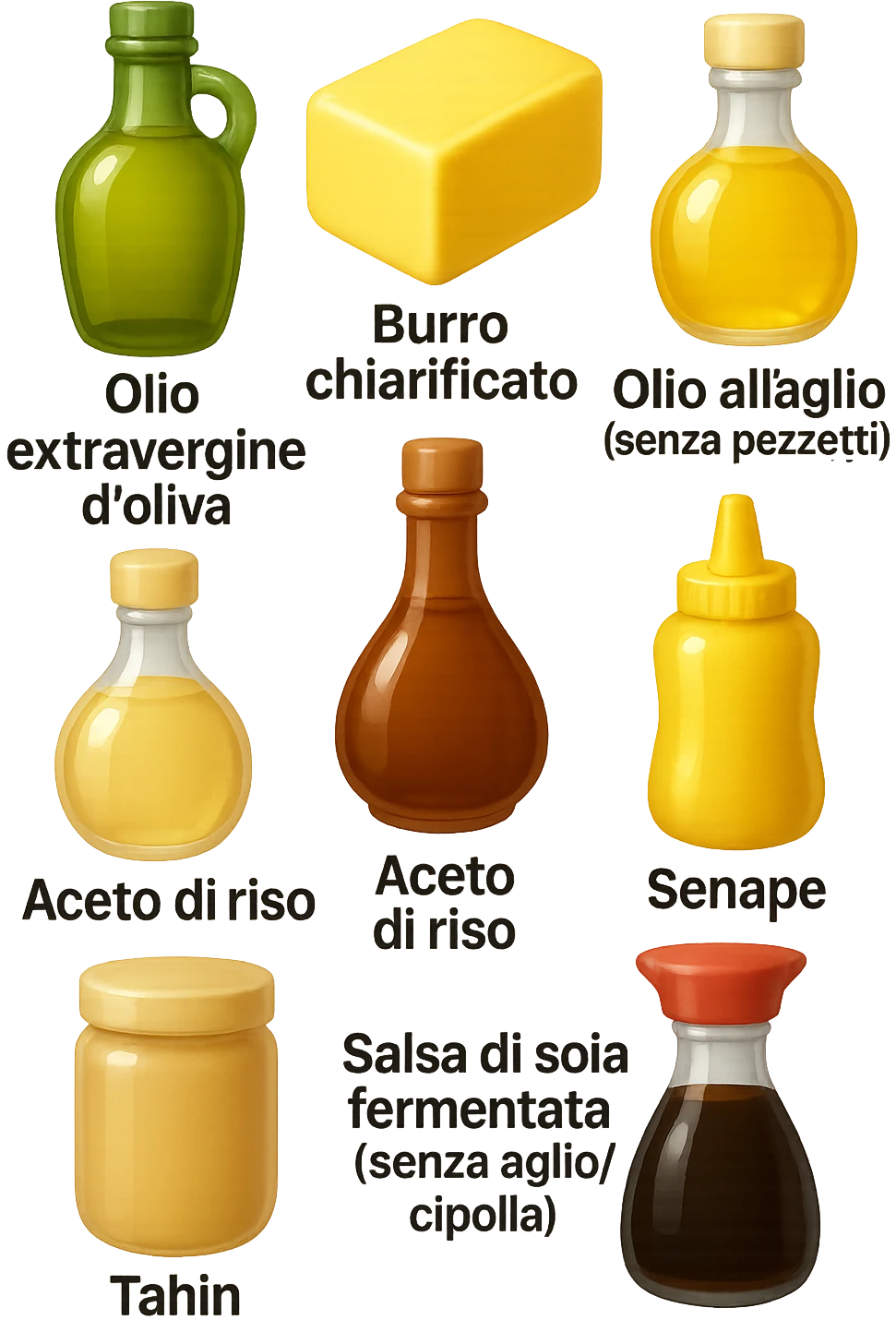 emoji stile iphone 3d di questi elementi che fluttuano in aria sparsi casualmente:

Olio extravergine d’oliva, burro chiarificato
Olio all’aglio (senza pezzetti)
Aceto di vino, aceto di riso, senape, tahin
Salsa di soia fermentata (senza aglio/cipolla)


 che fluttuano sparse casualmente in aria, le etichette dei prodotti scrivile in italiano, iperealistico 4k emoji
