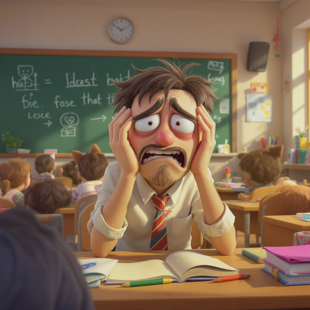 digital 2d cartoon art of a exhausted teacher in a bustling classroom emoji