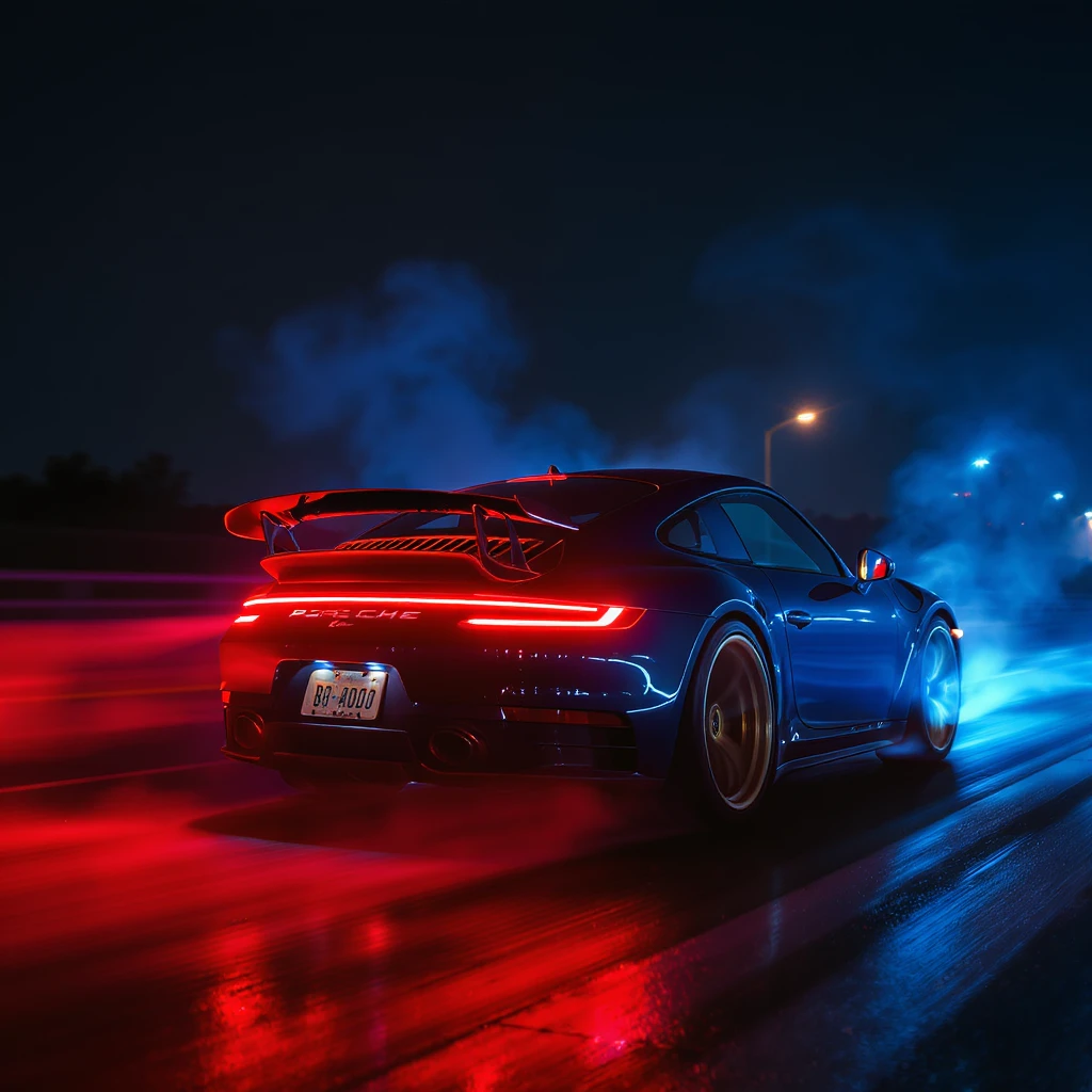 Cinematic still of a porsche 911, night photo, red lights and blue bright night  emoji