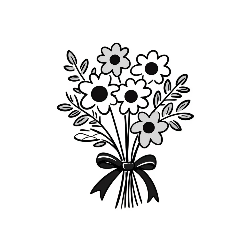 A beautiful bouquet of mixed flowers with ribbon in pastel colors (dd9fb0, ffc6d3, a3bfc9, c4bee2, f1b091), hand-drawn doodle style emoji