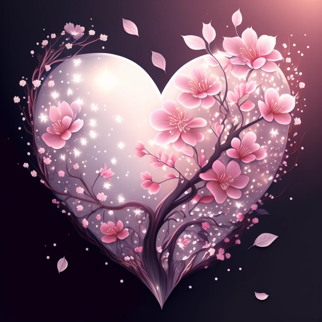 heart with sakura and delicate white sparkles, no background, magical and charming emoji
