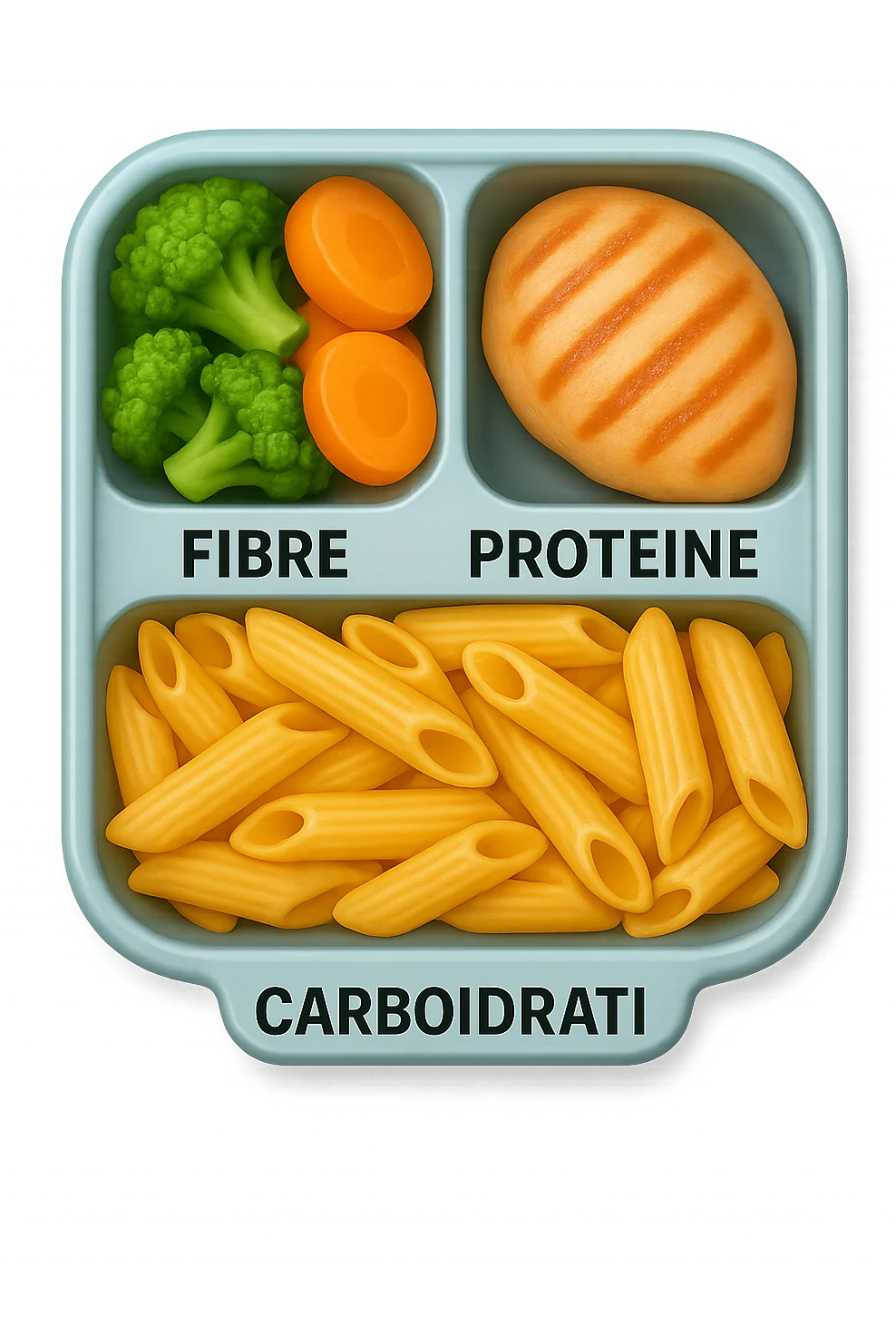 EMOJI STILE IPHONE DI una schiscetta vista dall'alto con 3 porzioni ben distinte: nelle porzioni scrivi le parole FIBRE, PROTEINE, CARBOIDRATI, iperrealistica 4k emoji