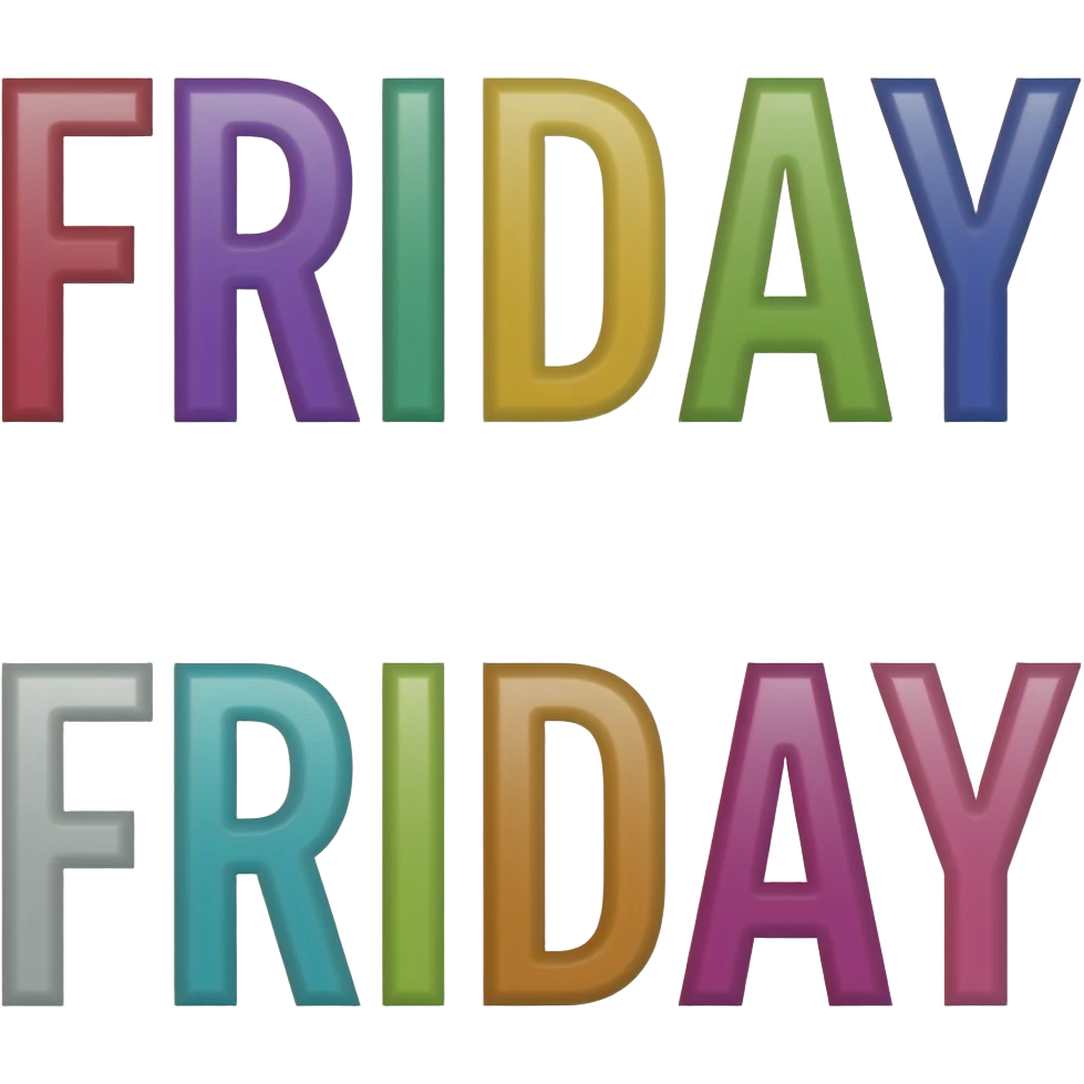 Fri day, the words on two lines, all caps, flashy, colorful emoji