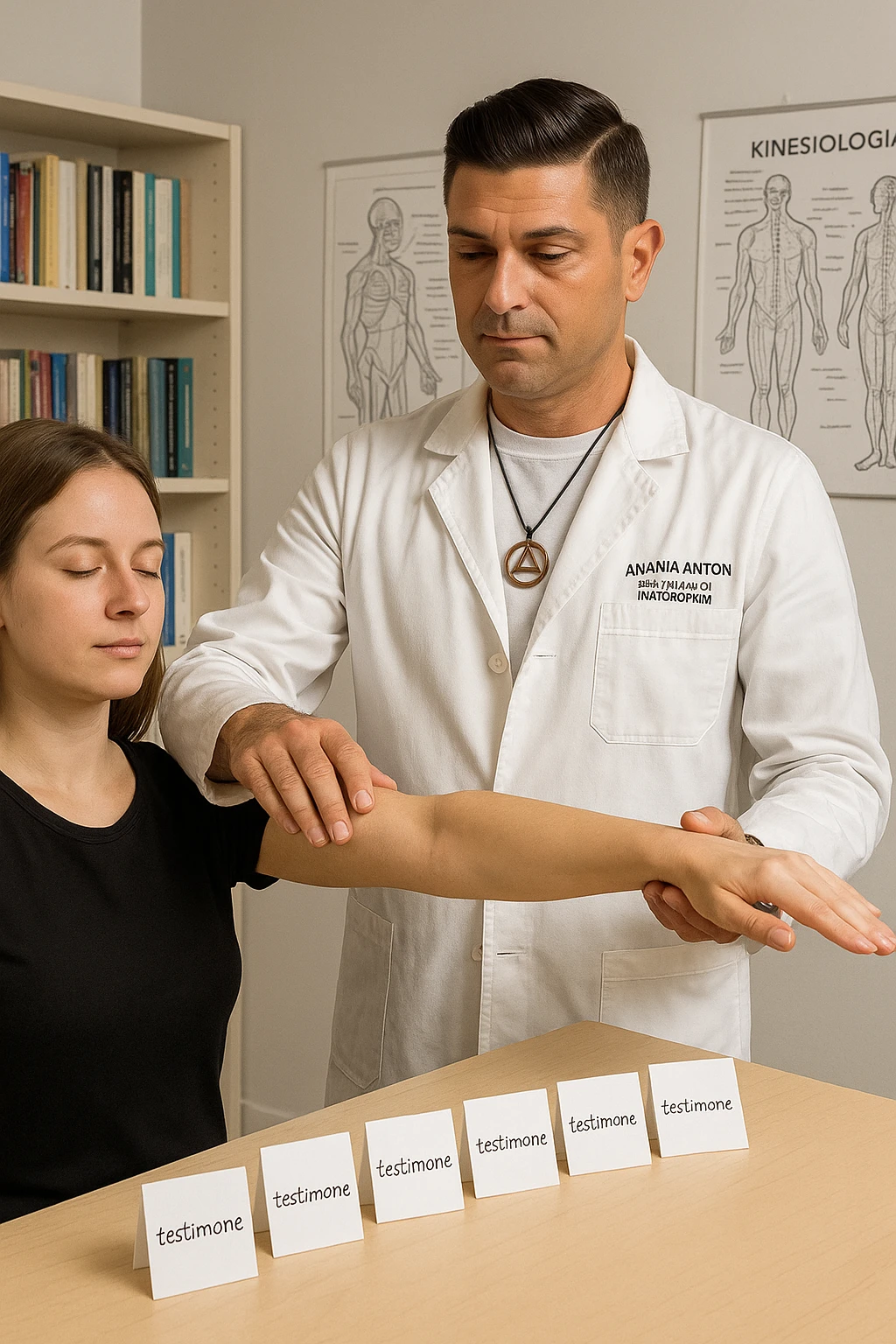 a middle-aged man in a calm, well-lit studio, wearing casual professional attire, performs a classic muscle test on a client’s outstretched arm. On a nearby table, there are small envelopes or vials labeled “testimone” representing samples or objects connected to a distant person. The atmosphere is focused and serene, with books and charts about kinesiological techniques in the background. emoji