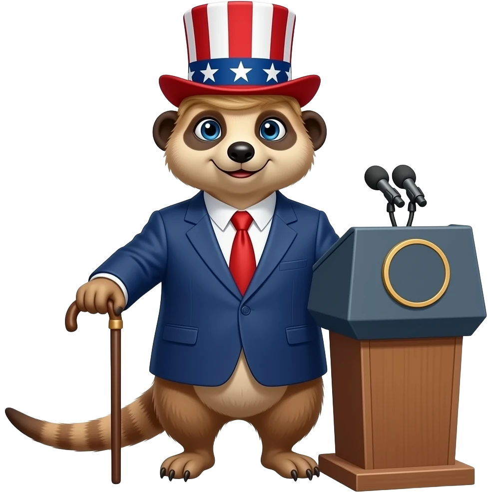 сурикат в образі президента сша з капелюхом в кольори американського прапору, з тростинкою, він стоїть за трибуною та виукує промову emoji