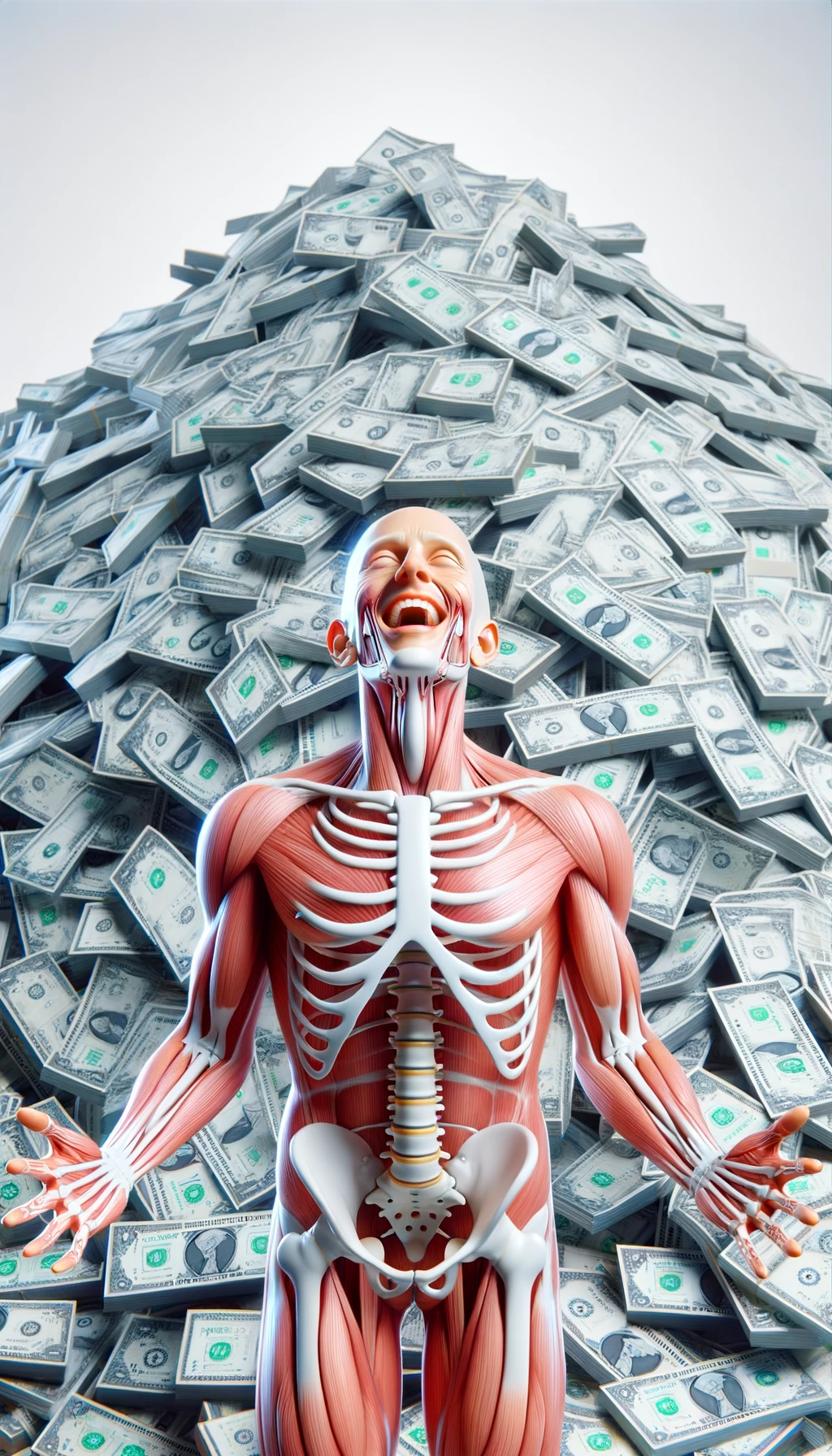 corpo umano anatomico sereno e felice con una montagna di soldi davanti, espressione stupita, iperrealistica 4k, isolato su sfondo bianco emoji