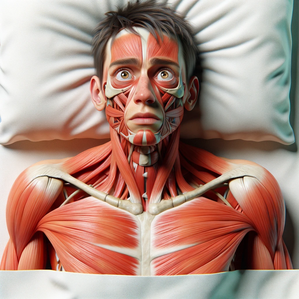 corpo umano anatomico con capelli corti che non riesce a dormire muscoli e organi in evidenza, sta nel letto con  gli occhi sbarrati e l'espressione nervosa, visto dall'alto, iperrealistica 4k, isolato su sfondo bianco emoji