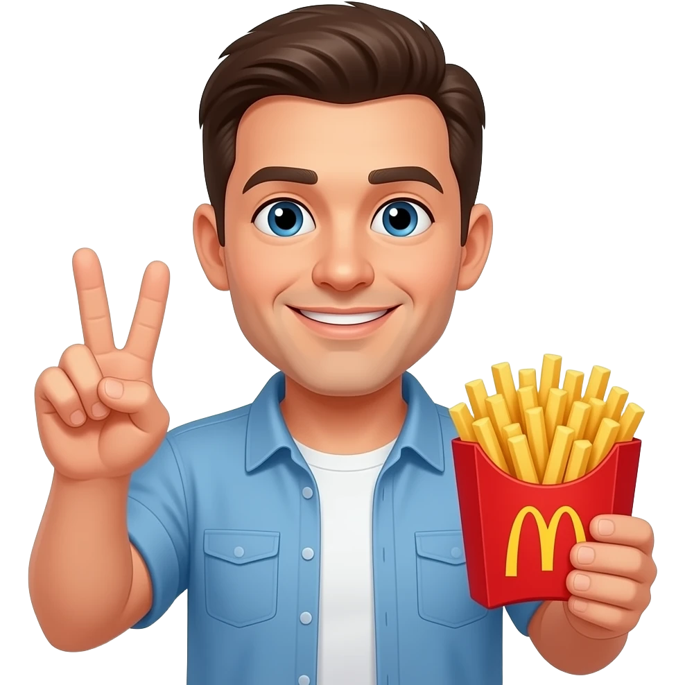 Man doing peace sign holding McDonald fries emoji