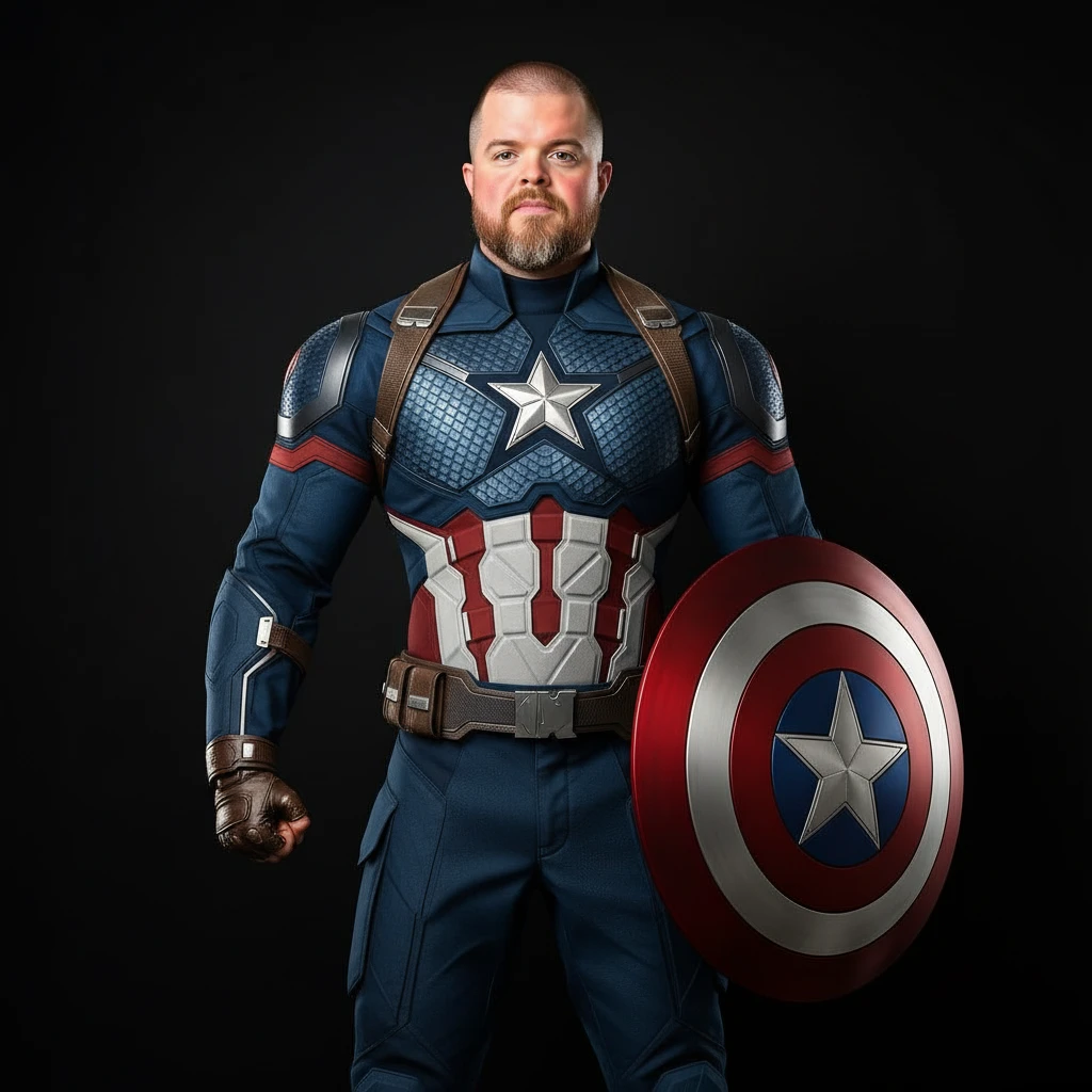Transform this photo of me into a super-muscular, athletic version of myself wearing the modern Captain America suit from the Avengers movies. Keep my face but give me a heroic, powerful build, with detailed armor, shield, and confident posture. emoji