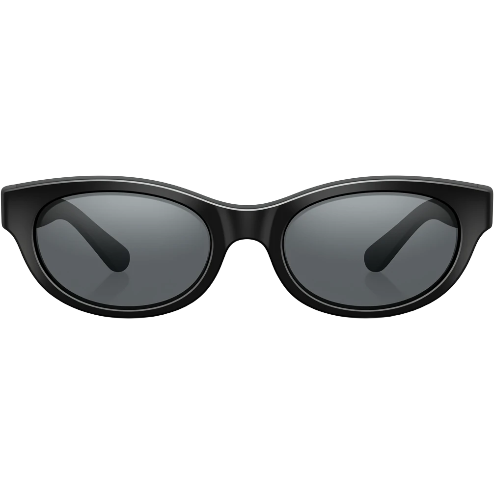 black slim oval sunglasses, low-profile, narrow lenses, wraparound shape, glossy black frame, dark lenses, centered, clean white background, soft shadow, high detail emoji