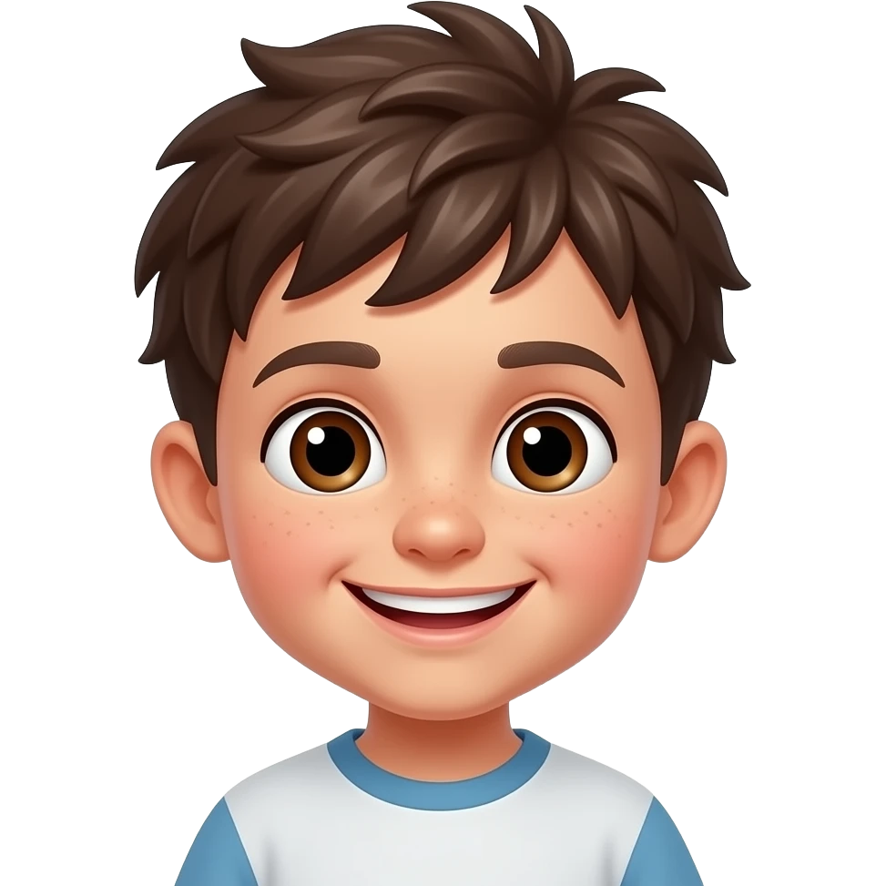 Niño pequeño pelo rebelde feliz ojos marrones cara travieso emoji