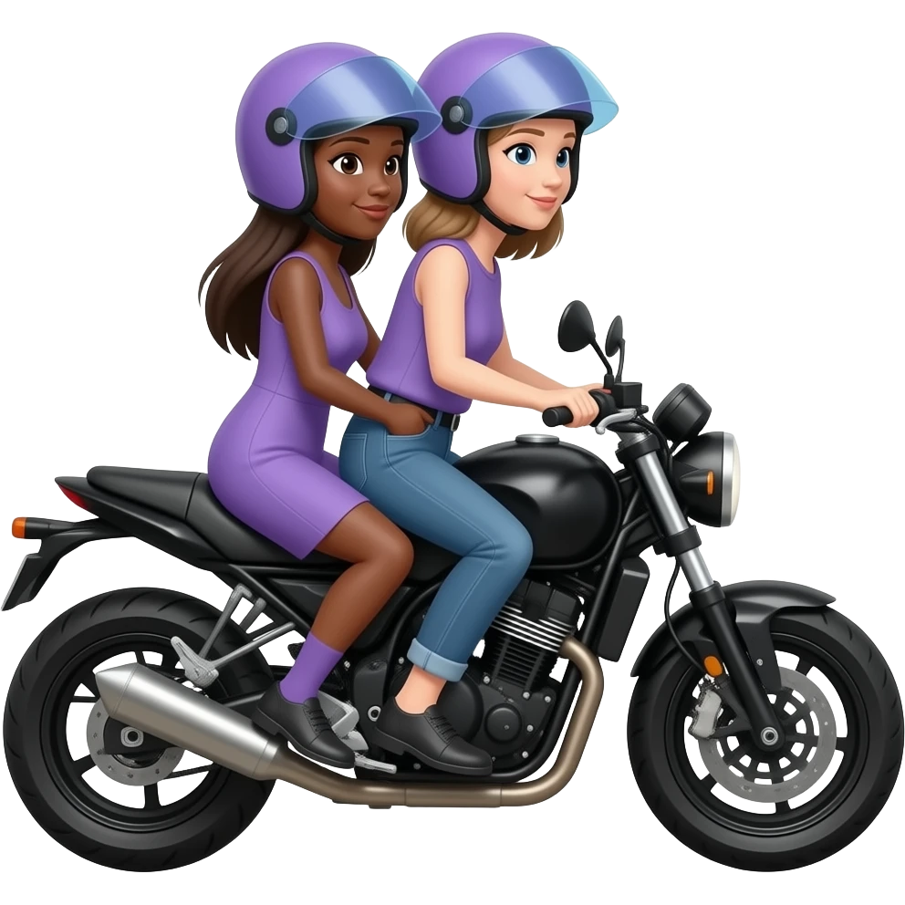 Dos mujeres morena y blanca de cabello lacio en moto negra  y con Casco de moto color lila azul emoji