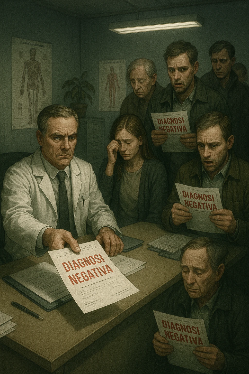 A realistic, cinematic illustration set in a dull, grey-toned medical office. A middle-aged male doctor in a white coat with a stern, cold expression is seated at his desk, handing out medical reports with large red ‘Negative Diagnosis’ stamps to each patient in line. The patients, of various ages and appearances, stand in a line, each looking increasingly sad, defeated, and demoralized as they receive their papers, with slumped shoulders and empty gazes. One young woman wipes away a tear, while a man stares at the paper in shock. The background shows medical posters, a faded plant, and harsh fluorescent lighting, emphasizing the cold, mechanical environment. The mood is heavy, illustrating how negative diagnoses delivered without empatia can deeply affect the mental health and morale of patients. The style is realistic, with subtle filmic grain, emphasizing emotional impact and the weight of medical words on people’s lives. in italiano emoji