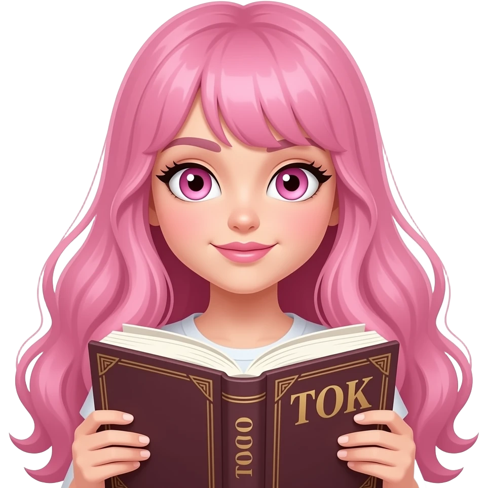 sexy girl with long pink hair and pink eyes holding a BOOKTOK emoji
