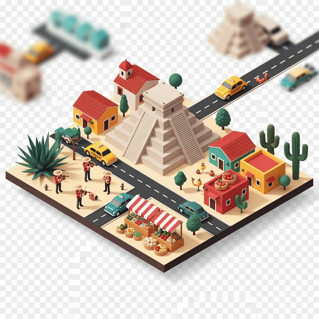 Isometric minimalistic illustration of Mexico subtle 3D miniature effect and Tilt Shift effect, no cartoonish look, transparent background. emoji