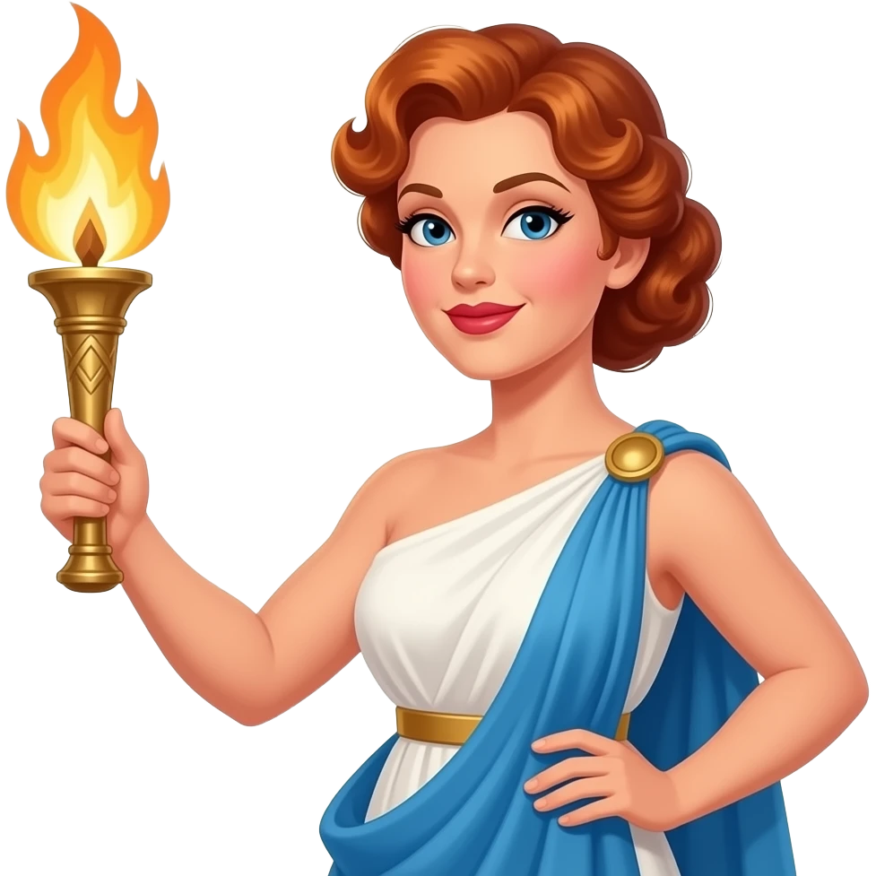 Columbia Pictures Torch Lady with auburn curly low bun hair, white peplos, one holding torch, one holding blue drape emoji