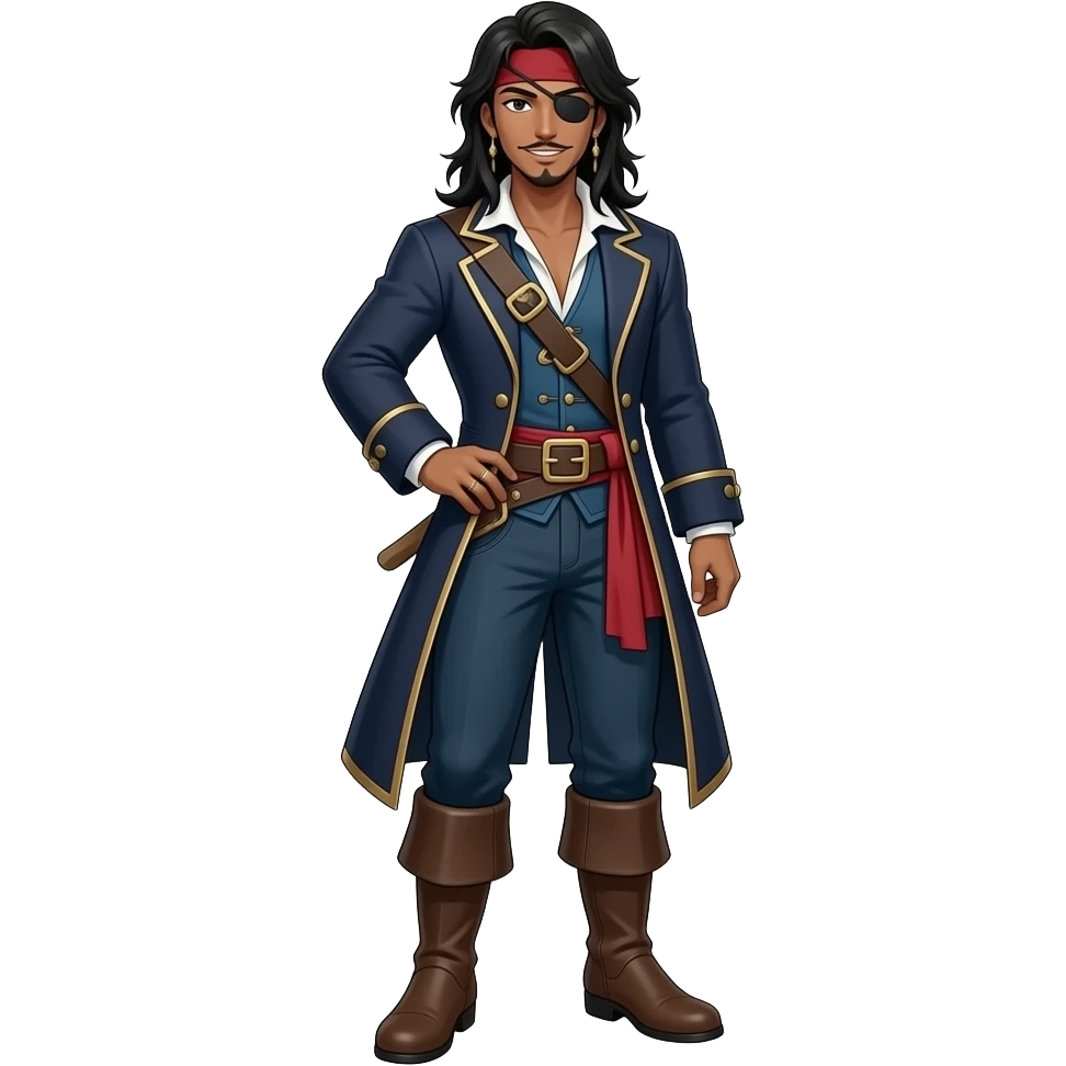 Anime male pirate brown skin dark pirate cost pirate dark blue pants and brown boots long black hair very tall full body emoji