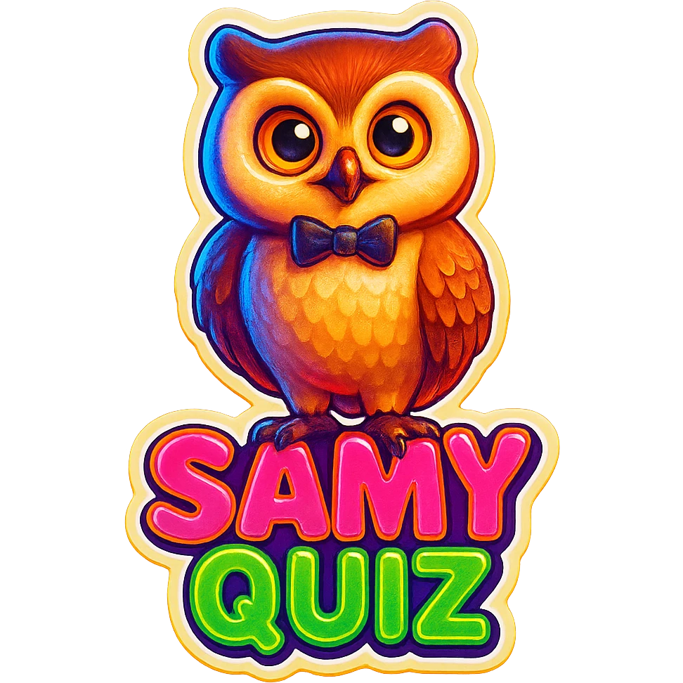 Make the owl with bow and the text 'SAMY QUIZ' identical to the reference image but increase the color intensity to make them more vivid and eye-catching. Do not change anything else. Keep the background transparent. emoji