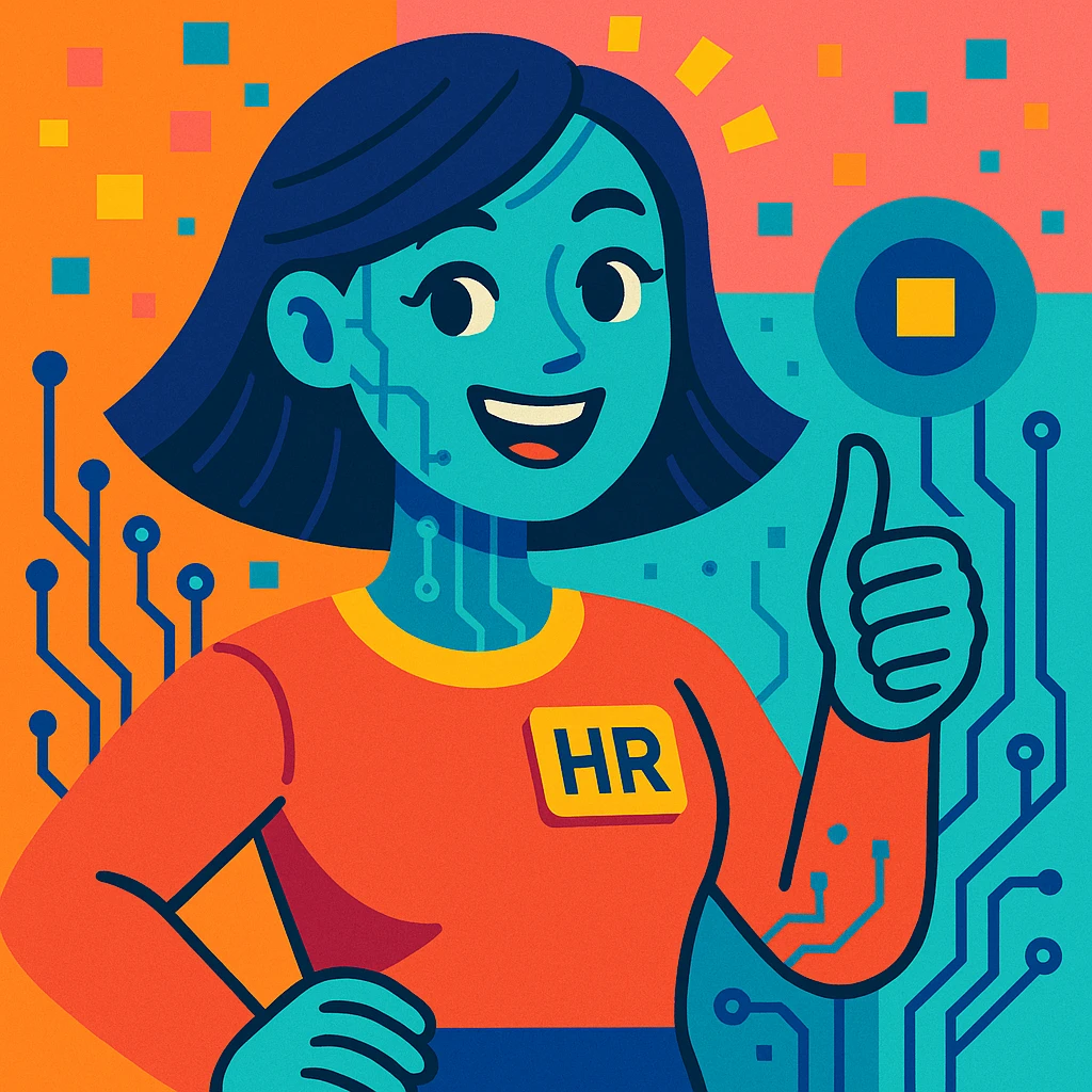 moderne, freundliche weibliche KI-Figur mit digitalen Elementen wie Pixel und Schaltkreise, aus dem HR-Bereich, die Mut macht, im lebendigen, farbenfrohen Vibrant Toon Stil emoji
