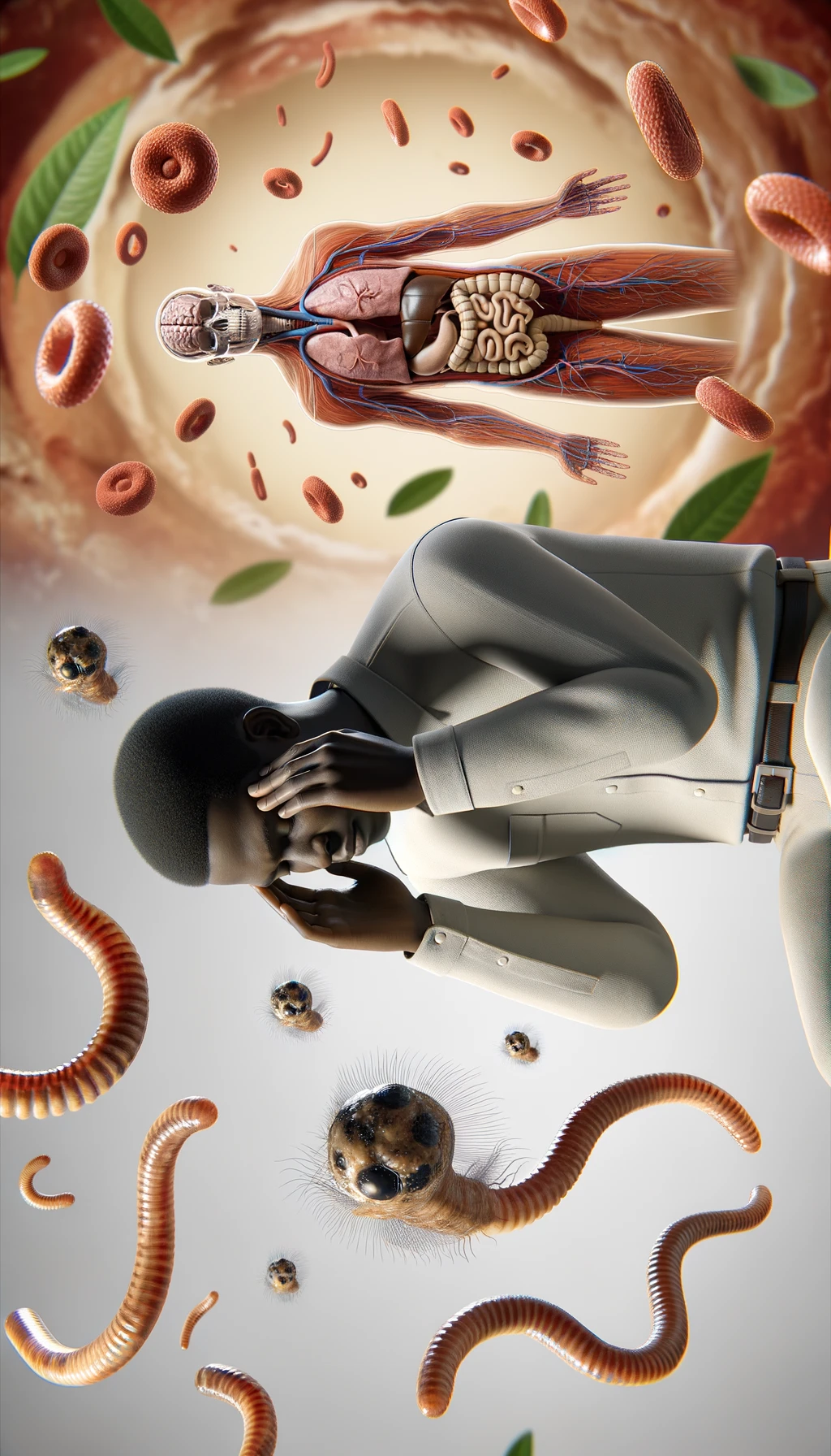 CORPO UMANO ANATOMICO CON MANI SULLE TEMPIE STRESSATO, INTORNO A LUI FLUTTUANO PARASSITI COME LA TENIA, INTESTINO E CERVELLO ANATOMICI IN EVIDENZA, SFONDO CHIARO NEUTRO, IPERREALISTICO 4K emoji