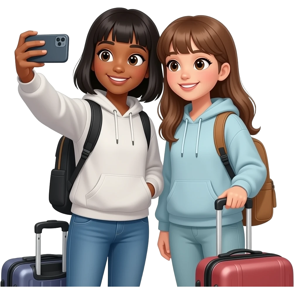 A black girl with bangs and shoulder length hair and a Hispanic girl with long light brown hair with long curtain bangs taking a selfie together. Both wearing comfortable sweats and suitcases at the airport emoji