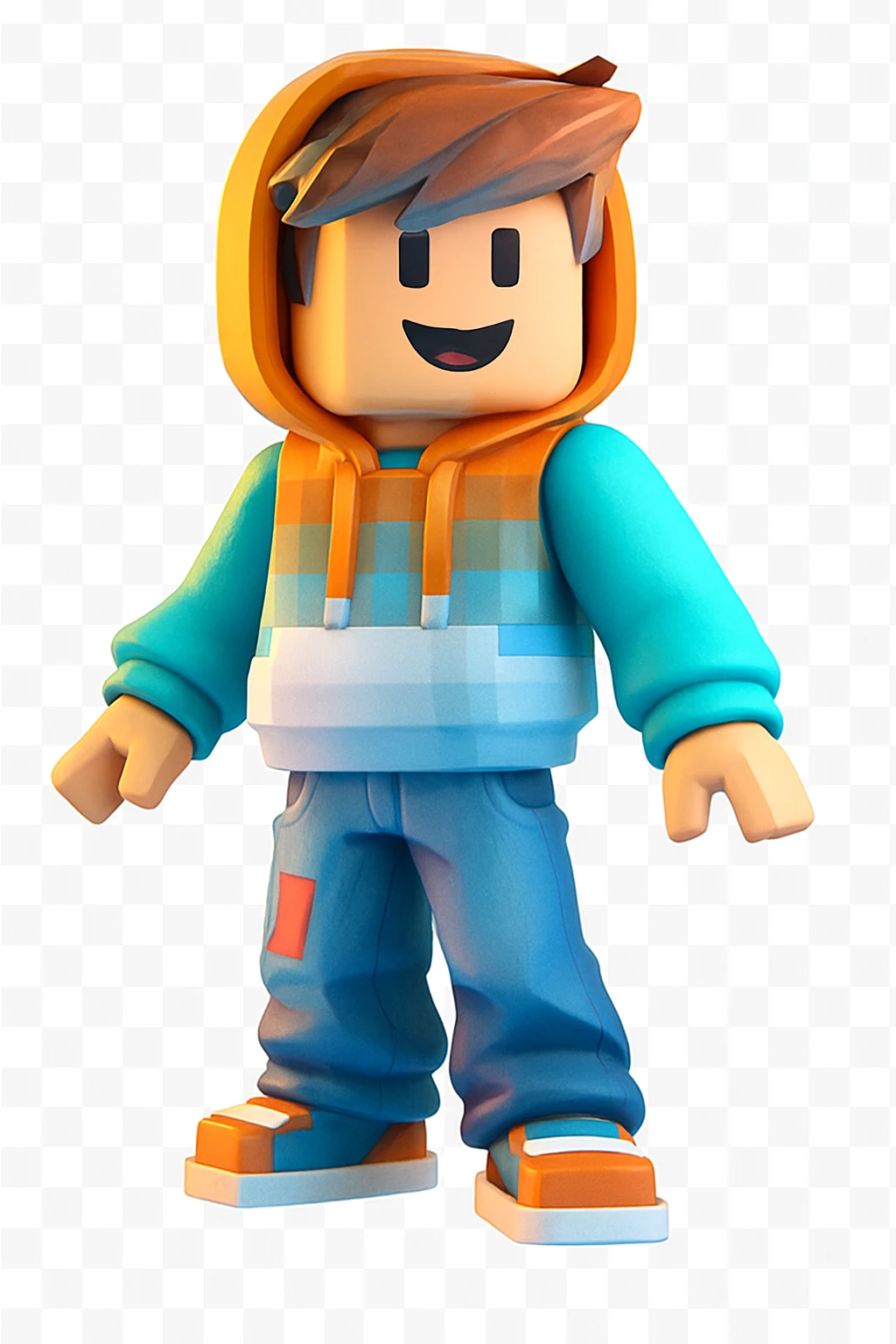 Edit the character in the original Roblox style with a happy expression, keeping the original Roblox style and background. emoji