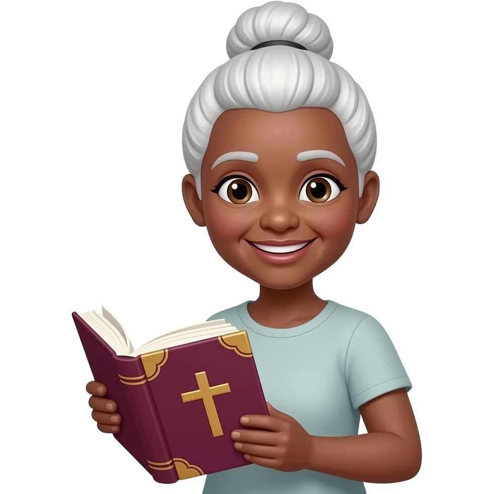 wise old woman with white hair in a bun black skin smile with burgundy book that has a cross on it emoji