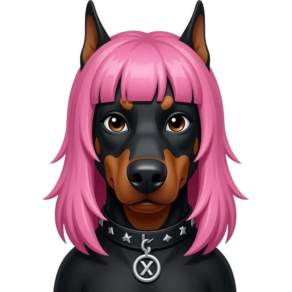 Pink Haired heavy metal doberman front facing with full black outfit closeup emoji