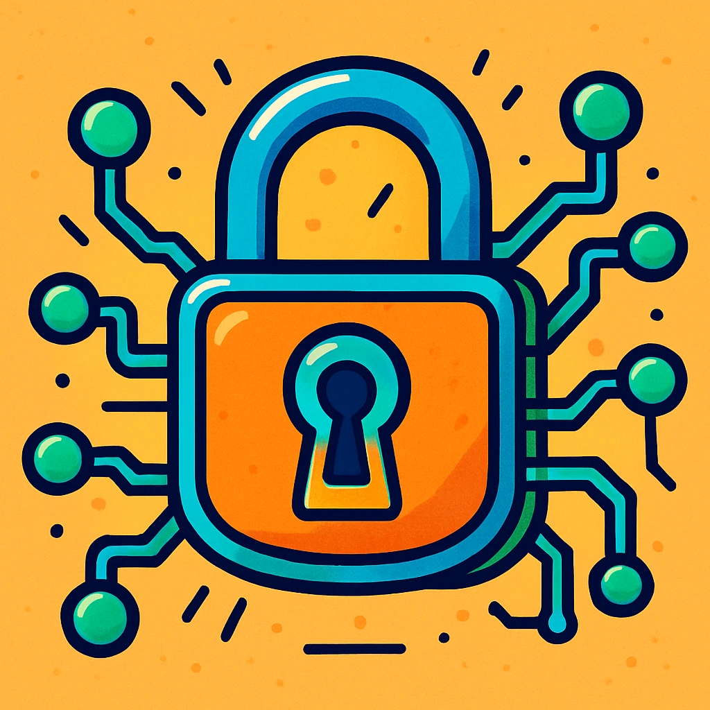 cybersecurity, padlock with circuit lines, vibrant toon style emoji
