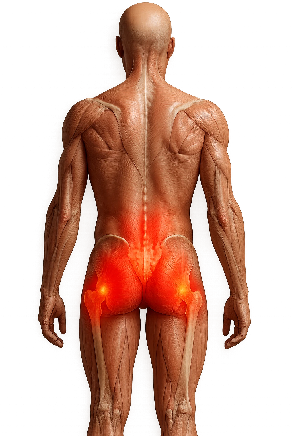 CORPO UMANO ANATOMICO A FIGURA INTERA REALISTICO DI SPALLE CON DOLORE ALLA LOMBARE INFIAMMATA, DOLORE ALL'ANCA, IPERREALISTICO 4K emoji
