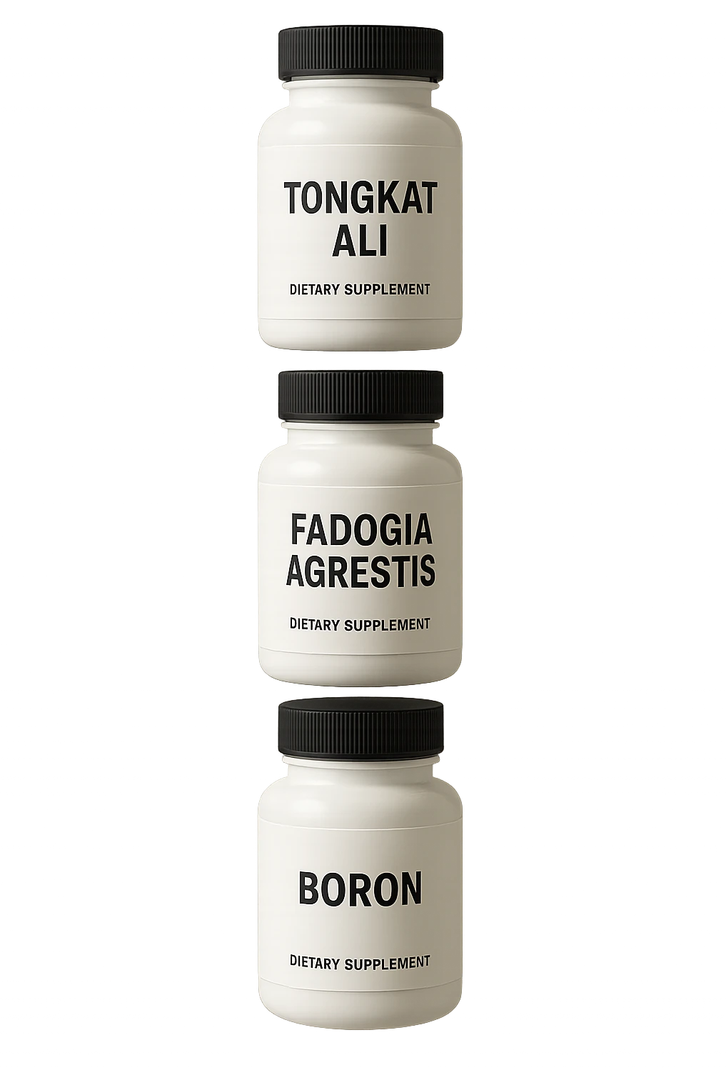 4 boccette di integratore: Tongkat Ali, Fadogia Agrestis, Boron e Zinco fluttuano in aria verticalmente emoji