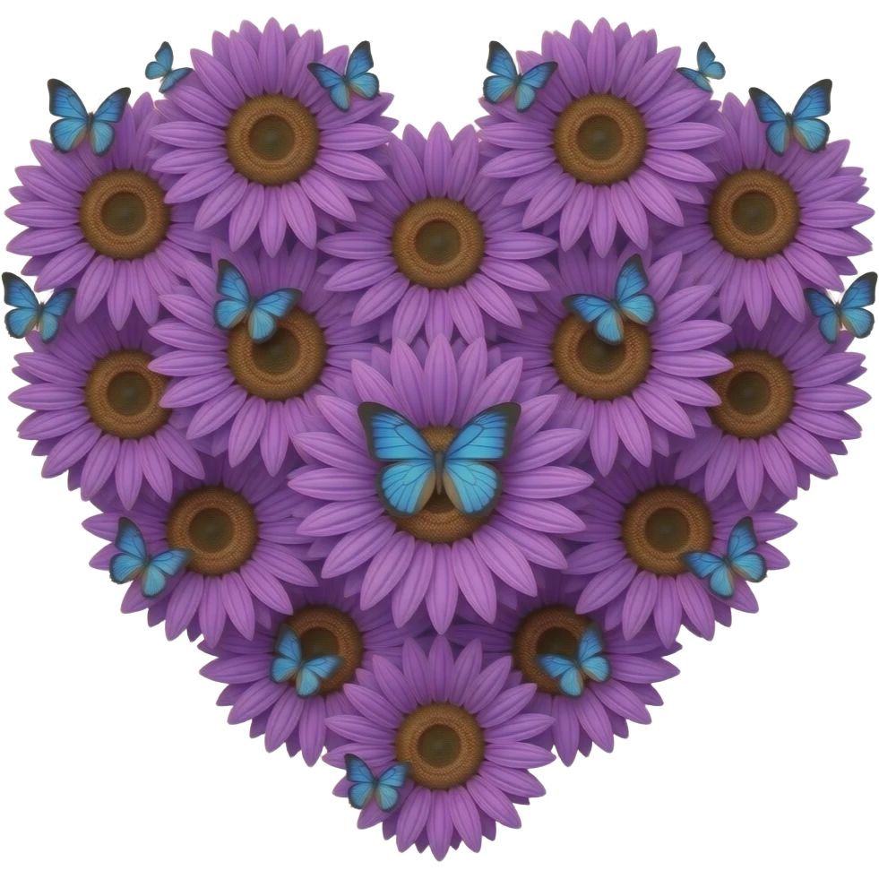 A heart of purple sunflowers with many blue butterflies emoji