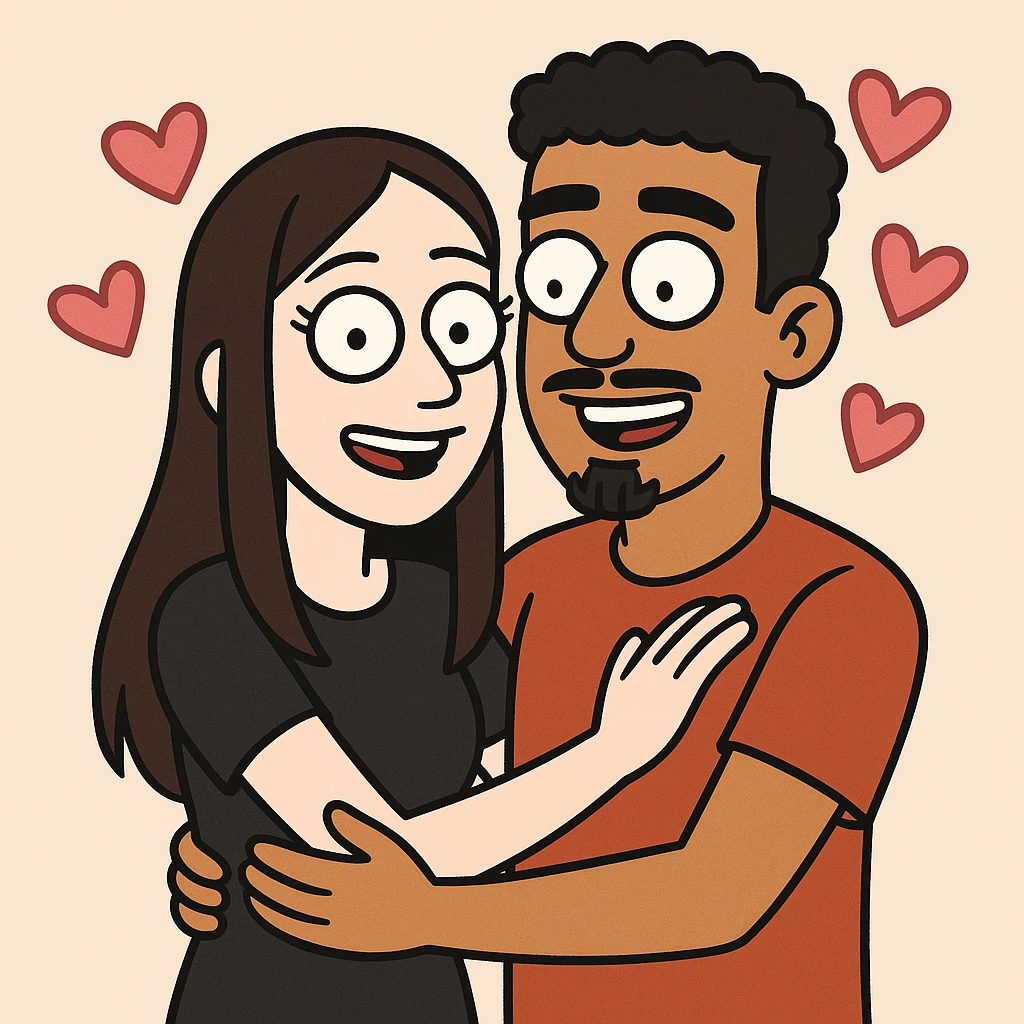 cartoon couple, pale girl with long straight dark brown hair no facial hair, tan boy with short black curly hair, small goatee and separate mustache, surrounded by pink hearts emoji