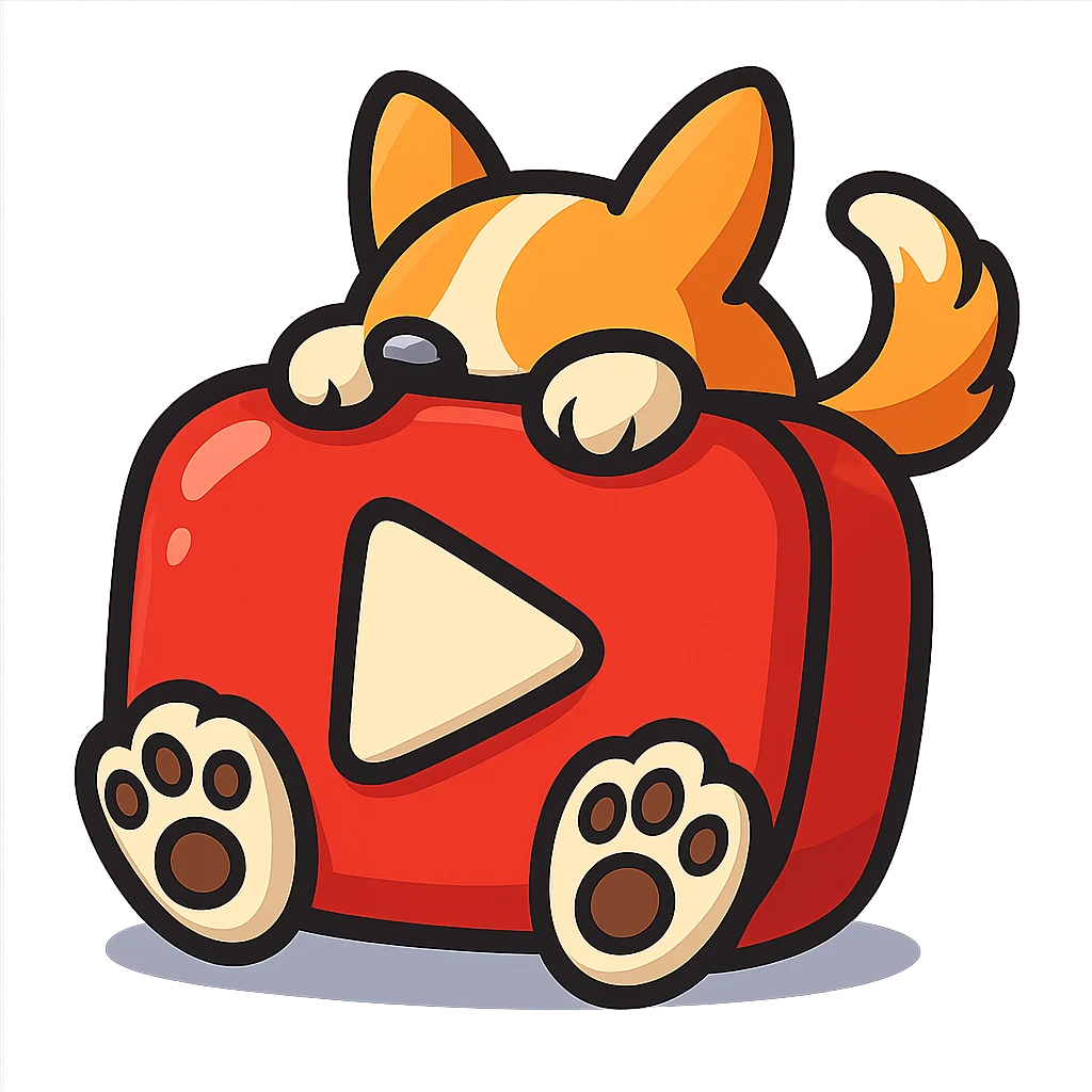 YouTube logo icon with a cute corgi's paws and tail peeking from behind the logo, or the corgi itself playfully interacting with the logo, colorful, simple, no gradients, bold clear outlines, expressive shadows and highlights to create volume, plump vector-like style with strong sense of 3D form emoji
