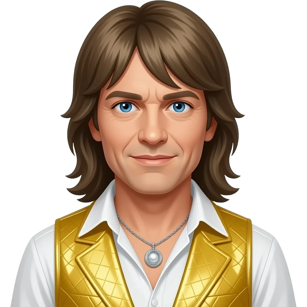 Björn Ulvaeus from ABBA with blue eyes, long dark blonde hair, yellow metallic vest, necklace emoji