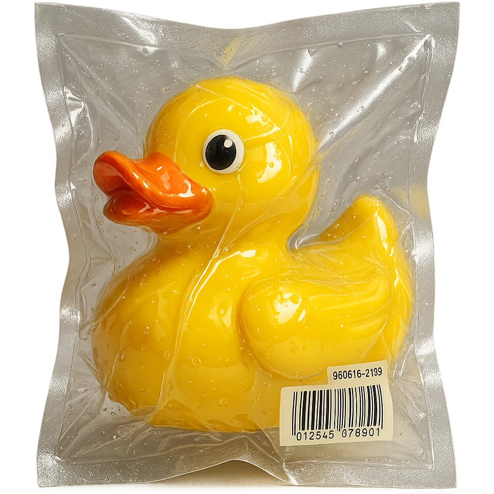vacuum-sealed rubber duck, shiny and squished in clear plastic packaging emoji
