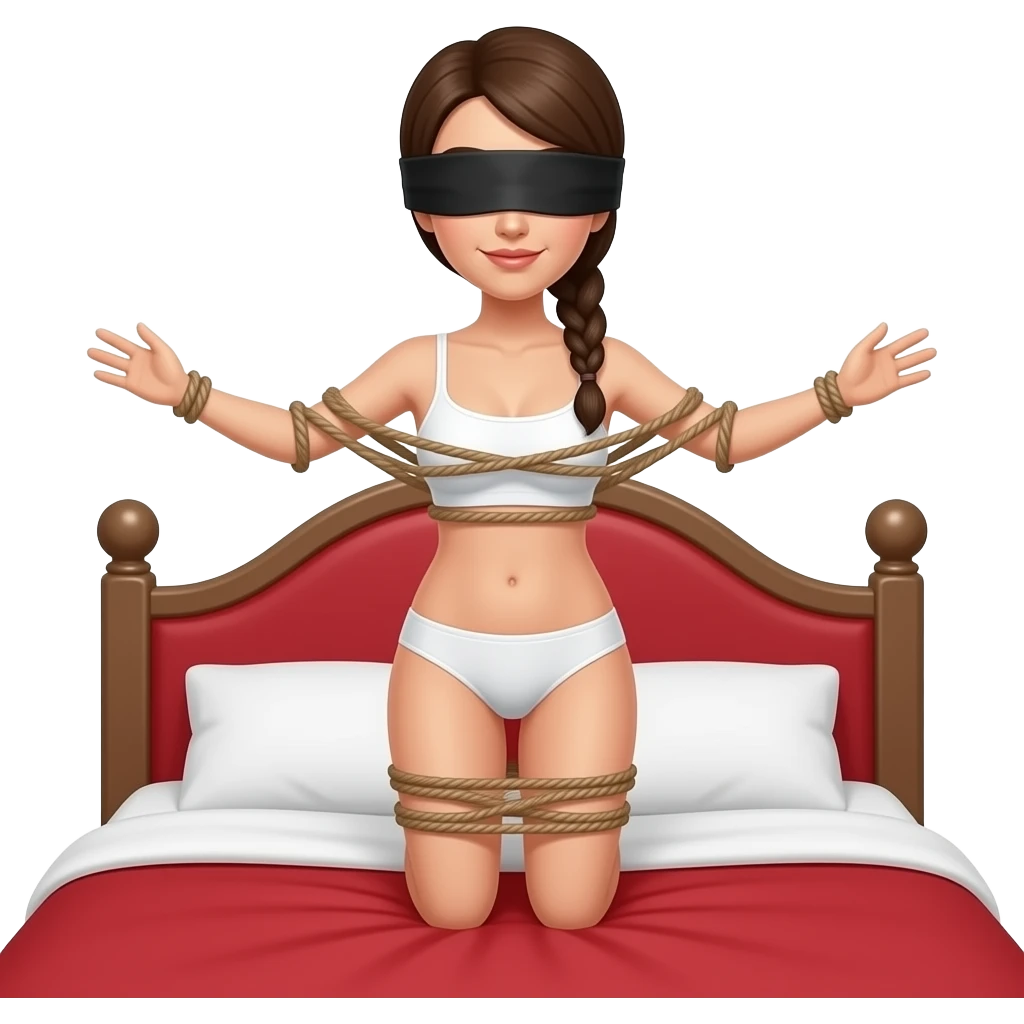woman in blinfold, in white underwear, braided ponytail, arms and laegs tied to red bed emoji